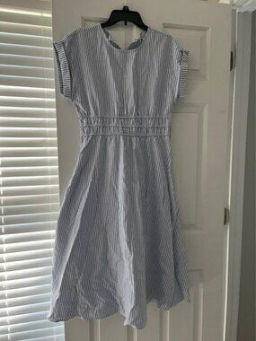 Blue and White Striped Midi Dress with pockets